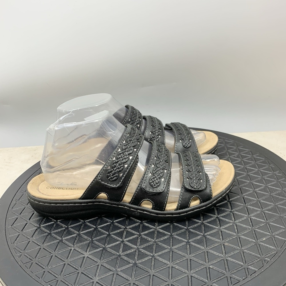Clarks Sandals Women Size 6 WIDE Shoes Black Leather Slip On Flip Flops Slides